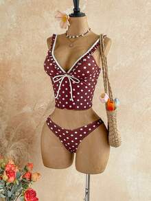 Soleia Women's White Polka Dot Print Deep V-Neck Bikini Set Beach Summer Cute - Brown - View 7