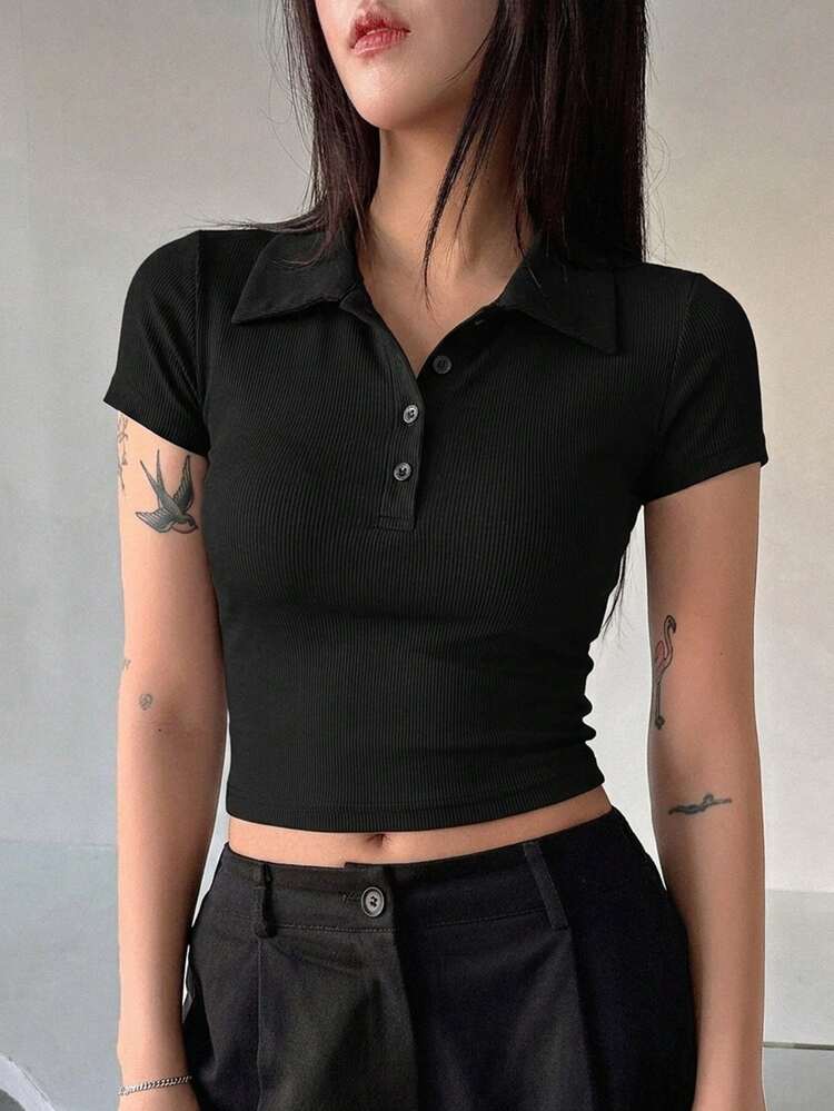 Women's Fashionable Versatile Button-Up Half Placket Short Sleeve T-Shirt
