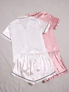MuseNap CURVE 2 pièces Ensemble de pyjama pour femmes grande taille en faux soie avec poche brodée en forme de cœur et manches courtes - Multicolore - Voir 3