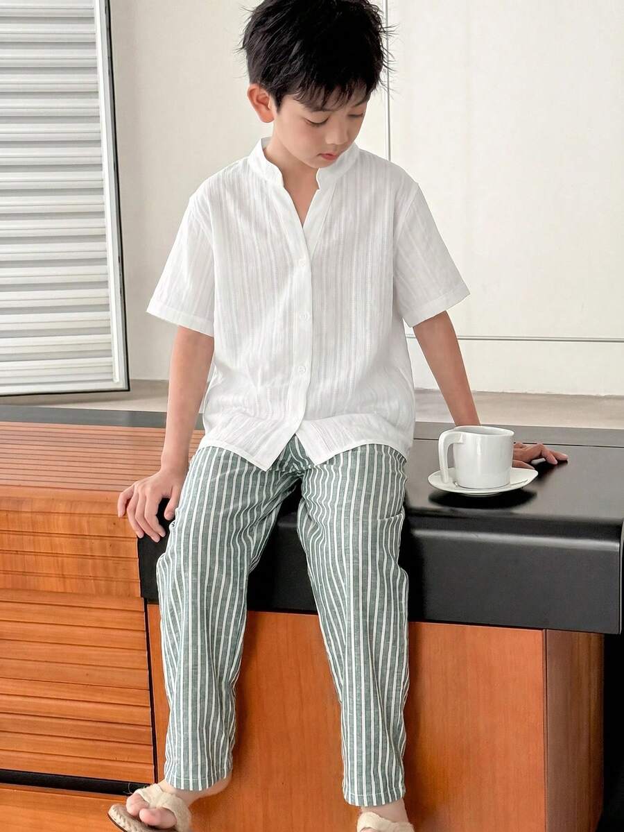 SHEIN 2pcs/Set Tween BoyLoose Casual Stand Collar Woven Solid Color Short Sleeve Shirt And Pants Set Summer Outfits Squishy Graduation Dress Squishy