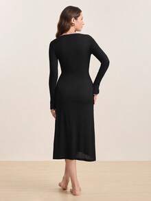 Hourtrue Women's Spring/Autumn Long Sleeve Dress, Sweet Bow Decor, Solid Color, Ribbed, Sexy Fitted V-Neck Flare Sleeve Maxi Dress, Comfortable For Indoor & Outdoor Wear - Black - View 2