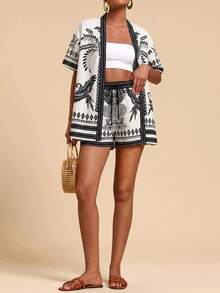 Travachic Conjunto casual de 2 piezas para mujer con camisa de manga corta con botones y estampado de hojas y pájaros, y shorts con cordón en la cintura - Beis - Ver 4