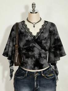 SHEIN ICON 大码女式扎染撞色蕾丝荷叶袖T恤 - 彩色 - 查看 1