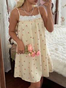 CottageSlumber Romantic Embroidered Lace Ruffled Slip Dress For Women - Yellow - View 7