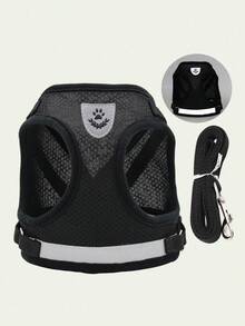1set Black New Design Pet Chest Back Strap With Reflective And Breathable Dog Leash, Suitable For Small And Medium-Sized Dogs, Perfect For Outdoors And Travels - Black - View 8