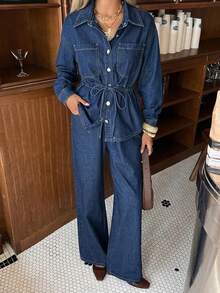 DAZY Women's Casual Washed Waist Belt Pocket Shirt & Wide Leg Jeans 2-Piece Set, Spring/Summer - Dark Wash - View 3