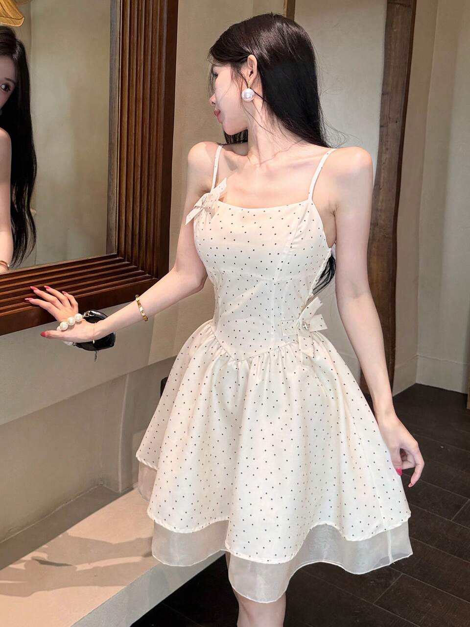 Women's Brown And White Polka Dot Print Dress With Bow Decor Tea Party Summer Cute Sundress