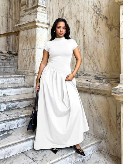 NegzBox Elegant Minimalist Unique Solid Color Short Sleeve Fitted Stand Collar Asymmetric A-Line Waist Long Dress ,Summer Dress,Spring Dresses For Women White