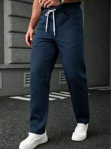 SLATEMANN Men's Drawstring Pants,Navy Blue,Autumn,Street Wear,City Break,Y2K Style Black Trousers,Comfortable Versatile Wardrobe Essential For Casual Outings - Navy Blue - View 6