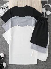 SHEIN 青少年男孩 6件/套 夏季休閒時尚圓領T恤+短褲套裝，全白，親子穿搭，舒適短袖T恤，基礎童裝 - 彩色 - 查看 3