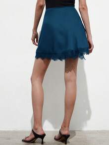 Aveloria Modichic Women's New Low-Waist Satin Solid Color Lace Patchwork Wrap Skirt Tea Party Date Night Teal Blue Autumn Elegant Sexy - Blue - View 6