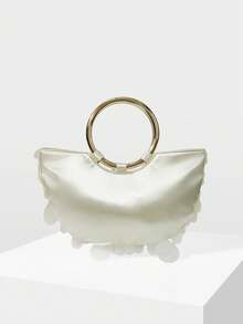 MOTF Bolso de mano de moda para mujer con perlas y lentejuelas, asa redonda, bolso semicircular exquisito, brillante y sencillo, adecuado para citas y fiestas, vacaciones de verano, viajes, , playa, bohemio, a juego - Lentejuelas Blancas - Ver 4