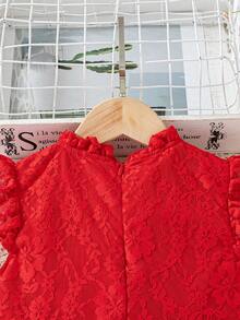 Elladie kids Red Summer Satin Party Spring Dress For Toddler Girls,Lace Floral Fabric,Flutter Sleeves,Ruffle Hem,Back Zipper Closure,Cute & Playful Summer Vacation - Red - View 7