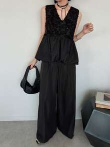 FRIFUL Women's French Style Lace Patchwork Camisole And Casual Pants 2 Pieces Set Summer - Black - View 10
