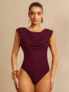 Silquee Bodysuit Feminino Elegante de Cor Sólida com Decote Drapeado e Babado, Verão - Violeta - Visão 1