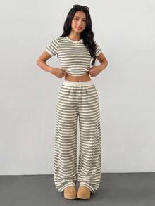 SHEIN Teen Girls Black & White Striped Patchwork Crew Neck Short Sleeve T-Shirt And Pants Co-Ord Set - Multicolor - View 5