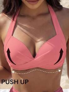 Voyashape Women's Summer Vacation Beach Solid Color Halter Neck Swimwear Top - Pink - View 6