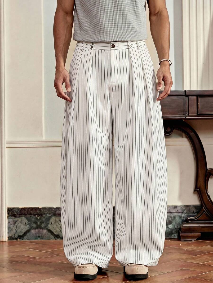 SWAVVY Pantalones holgados con rayas de moda para hombre - Blanco - Ver 1