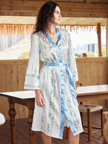 Lullawish Bata de satén con estampado floral y de rayas en estilo bohemio con mangas acampanadas de color contrastante para mujeres - Multicolor - Ver 5