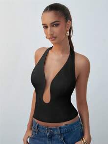 Hauture Solid Color Fashionable Sleeveless Deep Plunge Halter Neck Top - Black - View 5