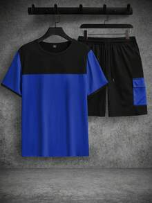 Manfinity Homme Men's Athleisure Colorblock Round Neck Short Sleeve Tee And Track Shorts Co-Ords - Royal Blue - View 4
