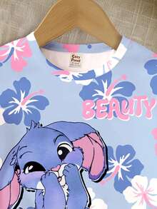 夏季家庭套裝 少女可愛卡通藍兔 Lulu Stitch 花卉圓領寬鬆短袖 T-shirt 緊身褲 2 件套 - 彩色 - 查看 5