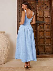 Enchnt Women's Elegant Romantic Ruched Waist Embroidered Dress, Suitable For Parties Vacation And Gatherings Baby Blue Summer - Baby Blue - View 7