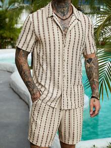 VENTUSAIL 2 Pcs/Set Men's Blue And White Stripe Button-Down Hollow Shirt And Shorts Set,Tropical Vacation,Summer Seaside Beach Casual Wear Daily Leisure Holiday - Multicolor - View 5