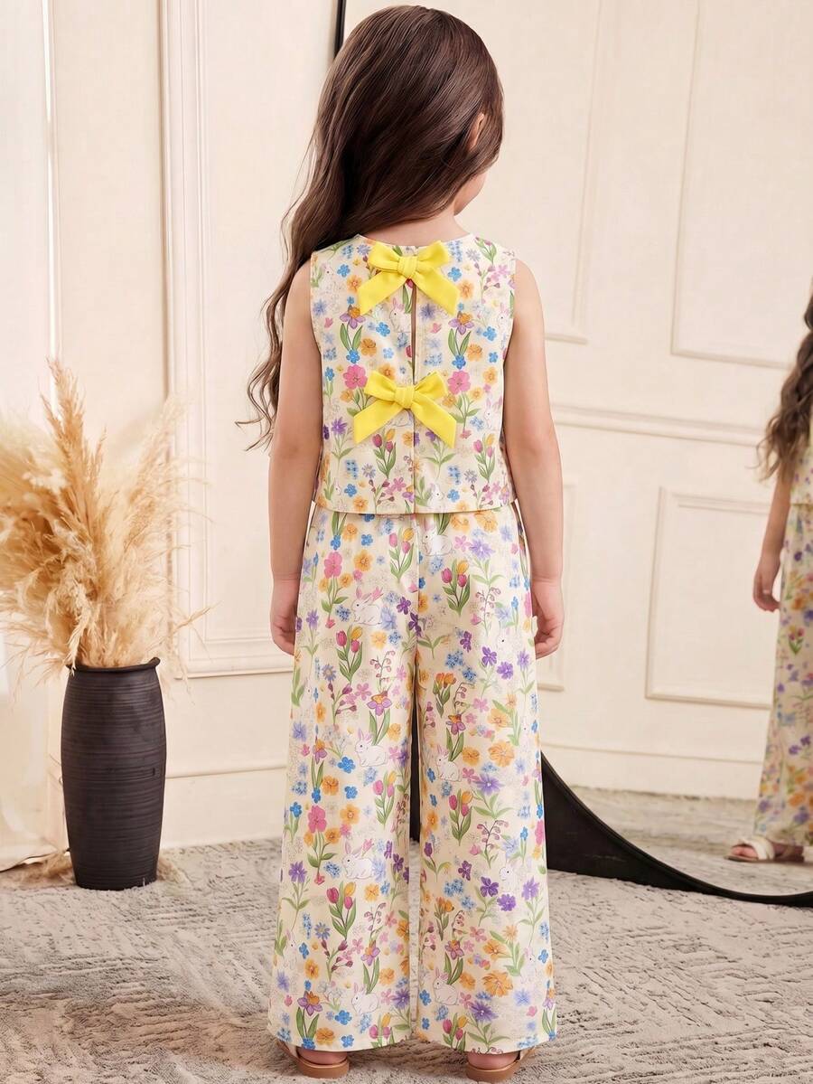 SHEIN 2件組少女碎花無袖蝴蝶結上衣&寬鬆休閒長褲套裝,夏季女孩兩件式服裝套裝復古風 - 黃色 - 查看 1