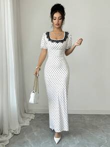 SHEIN Clasi Elegantes langes Damenkleid mit Puffärmeln, kontrastierender Spitze und Polka-Dot-Muster - Verschiedenfarbig - Übersicht 7