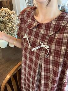 DAZY 女款格紋印花休閒短袖中長洋裝，適合夏季度假 - 紅色 - 查看 8