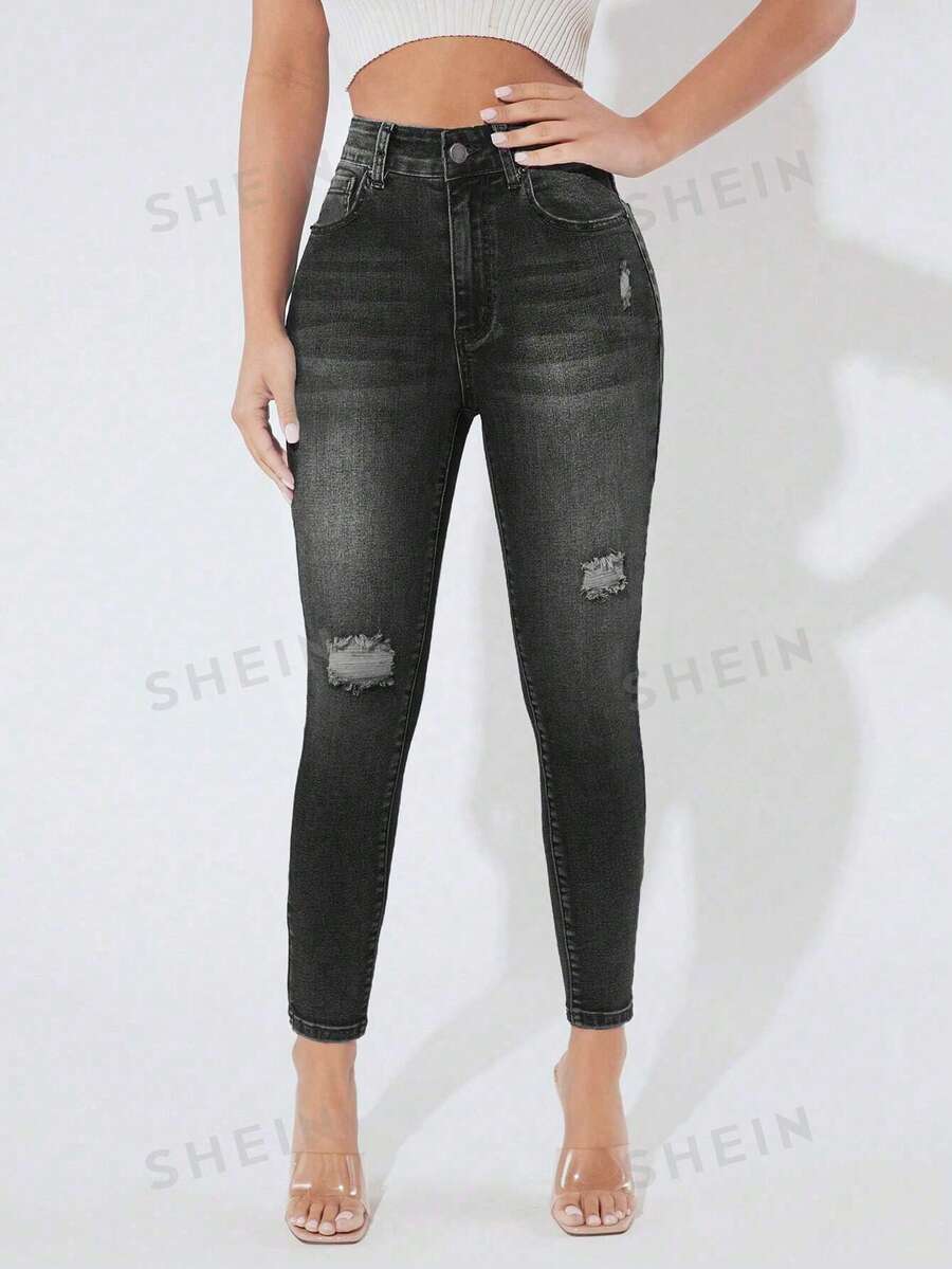 SHEIN PETITE Quần jean denim bó sát rách phong cách thường ngày dành cho nữ - màu đen - Xem 1