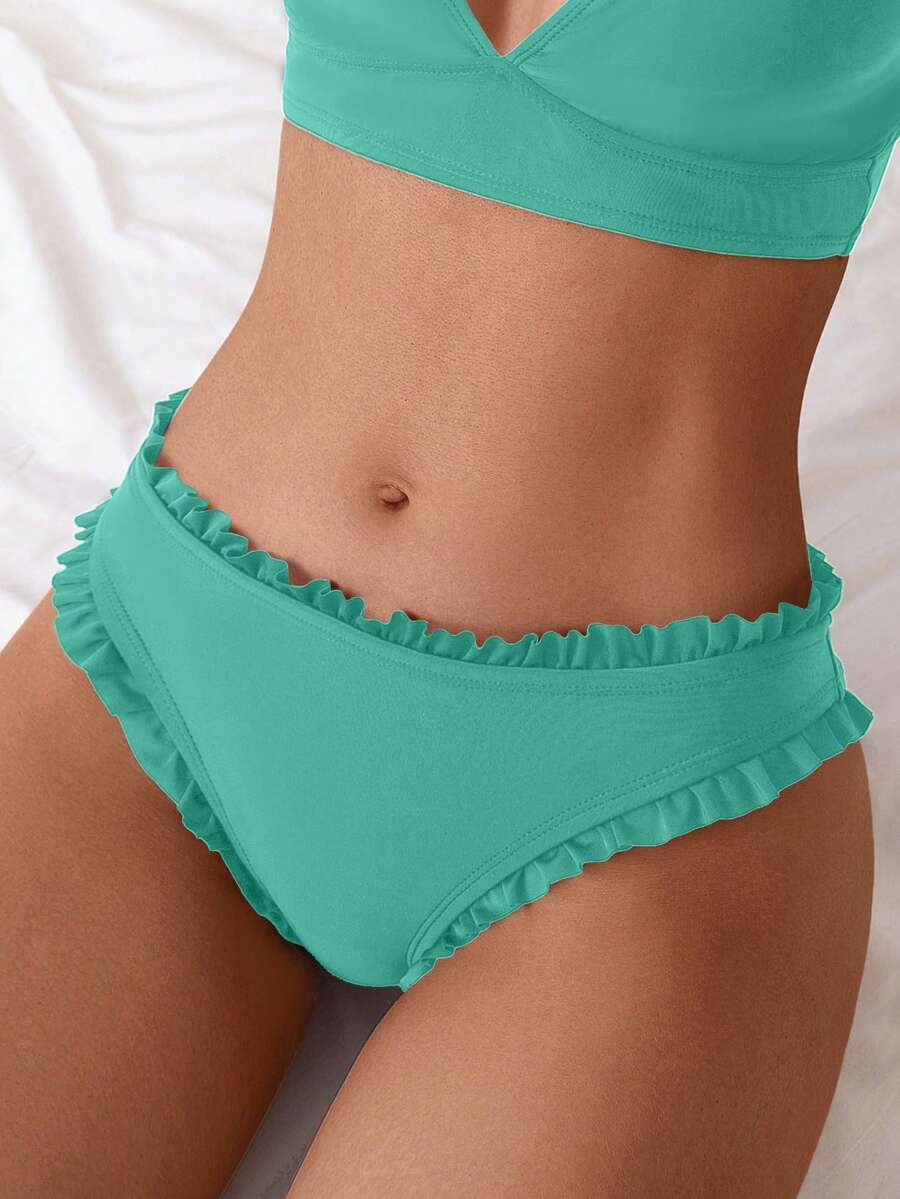 SHEIN Swim 女款純色荷葉邊比基尼泳褲,適合海灘泳池派對、度假,青藍色夏季休閒熱帶清新可愛款 - 薄荷綠 - 查看 1