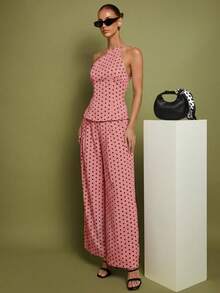 Set de 2 piezas de Top con hombros y pantalones a lunares para mujer, uso casual minimalista de todos los días - Rosa - Ver 3