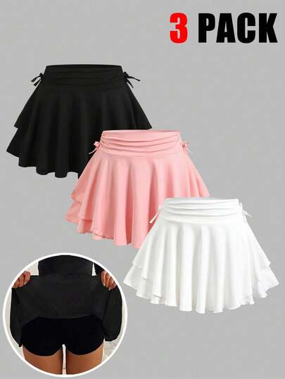 SHEIN Bộ 3 món gồm váy và quần dài dệt kim màu trơn dành cho thiếu nữ, trang phục thể thao thường ngày.