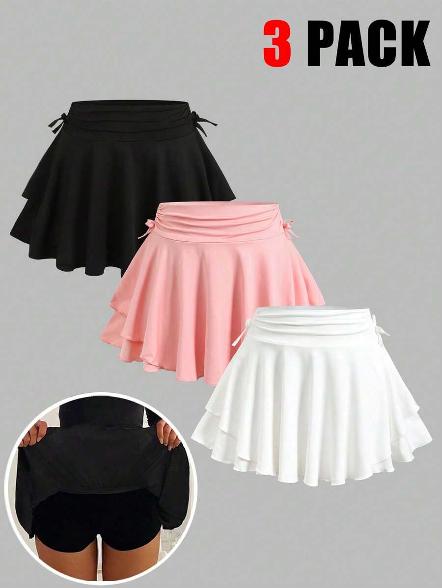 SHEIN 3件套少女针织纯色裙裤休闲运动套装 - 彩色 - 查看 1