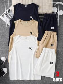 SHEIN Teen Boy 6pcs Teen Boy Casual Cute Pattern Knit Vest & Shorts Set, Suitable For Commuting, School, Daily Casual, Sports, Spring/Summer - Multicolor - View 4