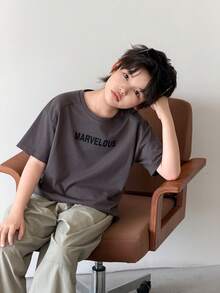 Dazy Kids Crew Neck Casual Cool Letter Print Oversized Boys T-Shirt - Dark Grey - View 7