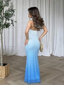 Jemour Women's Vacation Knitted Mesh Ombre Romantic Fitted Halter Tie-Up Metal Buckle Decor Fishtail Dress, Suitable For Party, Date, Afternoon Tea, Sexy & Elegant,Summer Dresses For Women - Baby Blue - View 2