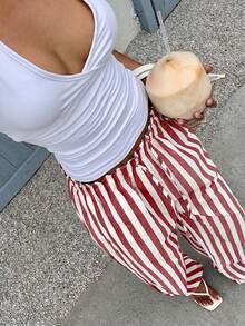SHEIN EZwear 紅 & 白大尺碼彈性腰抽繩休閒寬鬆長褲 - 紅白色 - 查看 3