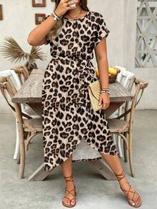 EMERY ROSE Plus Size Women Casual Leopard Print Slit Hem Round Neck Dress - Multicolor - View 3