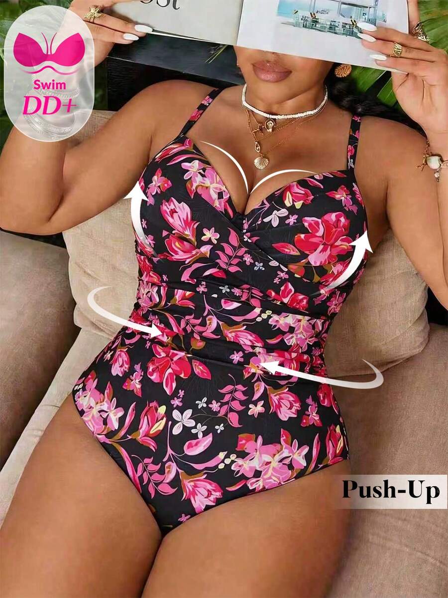 Swim Vcay Plus Size Women's One-Piece Random Print Casual Swimsuit - Black - View 1