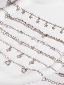ROMWE Grunge Punk 6 Pieces Set Of Simple And Fashionable Alloy Five-Pointed Star Tassels Hollow Love Three-Dimensional Heart Tassel Bracelet Set Female Date Gift - Silver - View 5