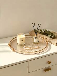 1pc Aesthetic Desktop Organizer Tray For Makeup, Perfume, And Candles - Entryway, Bathroom, Bedroom, Dorm Decor - Gold - View 1