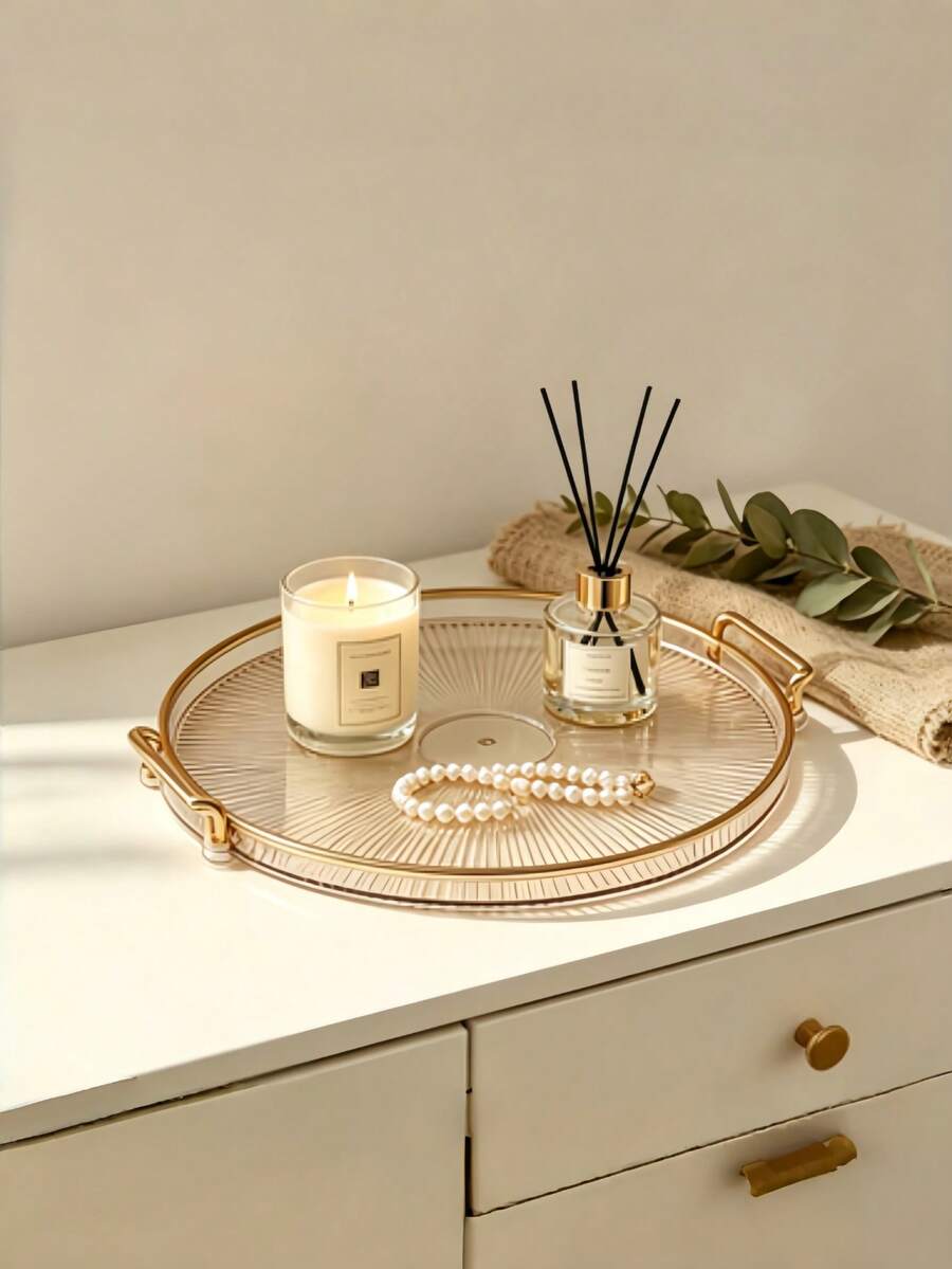 1pc Aesthetic Desktop Organizer Tray For Makeup, Perfume, And Candles - Entryway, Bathroom, Bedroom, Dorm Decor - Gold - View 1