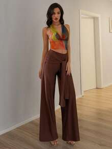 SHEIN Glamour Quần nữ buộc dây kiểu dáng thường ngày - màu nâu - Xem 5