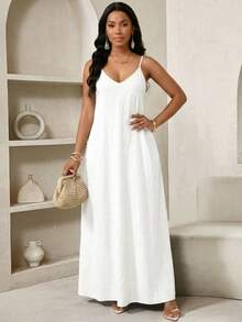 SHEIN Lady Đầm dự tiệc mùa xuân hè dáng dài màu xanh giả denim, dây mảnh, kiểu yếm, cỡ lớn, kẻ caro, kiểu châu Phi, đầm mùa hè cho nữ. - trắng - Xem 4