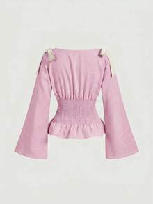 SHEIN MOD 女士撞色领结长袖衬衫 - 粉色 - 查看 3