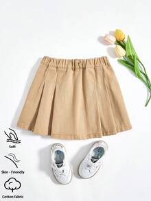 SHEIN Young Girls' Casual Cute Denim Pleated Skirt, Summer Lightweight New Arrival, Washed White, Casual Cute Sweet Street Fashion , Minimalist Design, 3/4 Elastic Waist, Snap Button Decor, A-Line Non-Stretch Denim Shorts, Soft Cotton Denim Fabric, Daily, Party, School, Commute, 2026 Summer New Release - Khaki - View 2