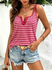 EMERY ROSE Plus Size Summer Casual Colorblock Striped Notched Neck Tank Top - Multicolor - View 3